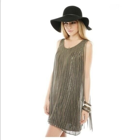 Parker Steel Gray 100% Silk Sequins Fringe Dress.  SZ S - Picture 1 of 6